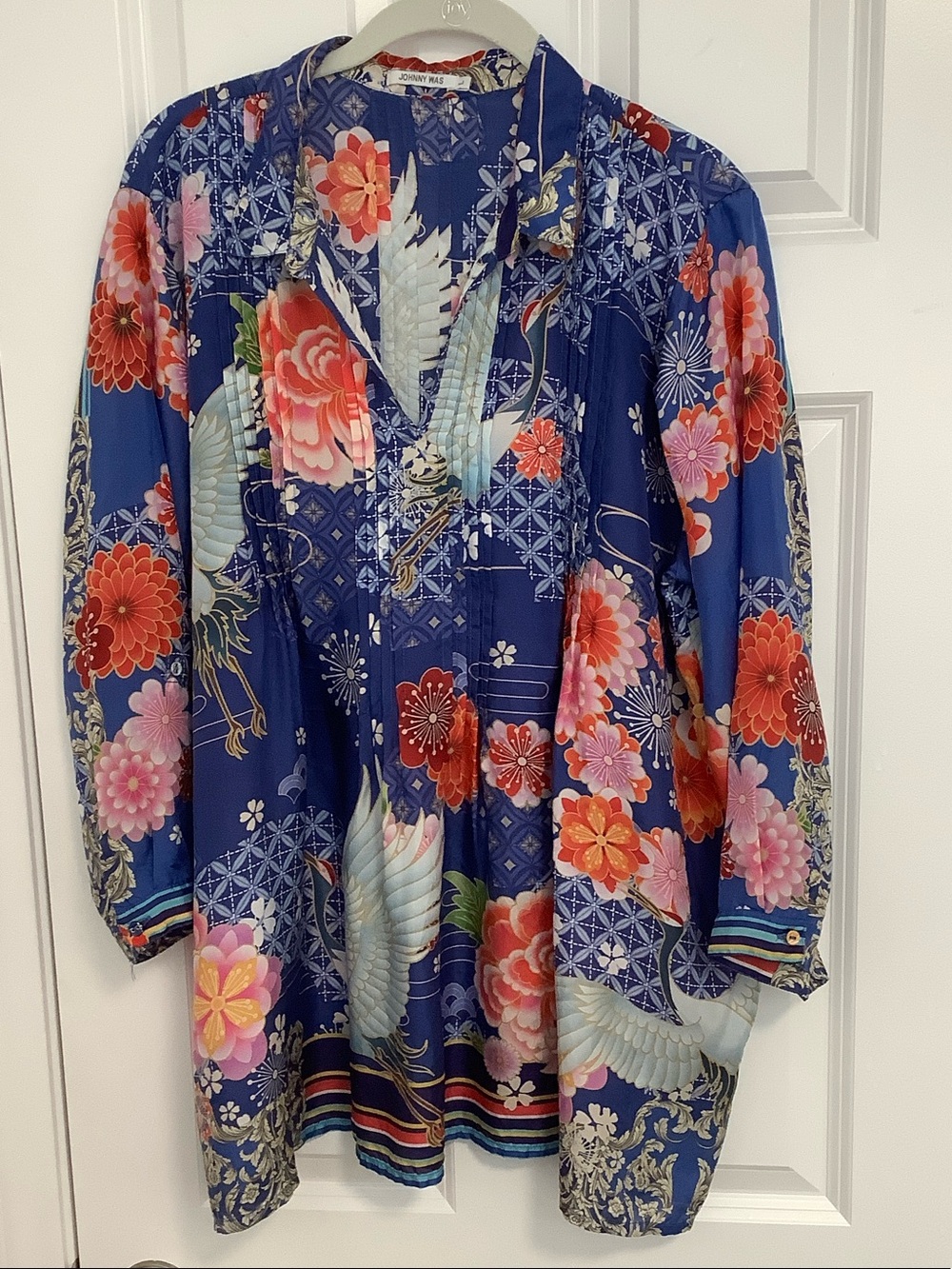 Johnny Was Silk Floral & Crane Long-Sleeve Tunic